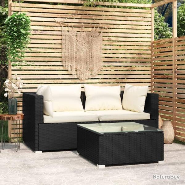 Salon de jardin 3 pcs avec coussins Noir R�sine tress�e