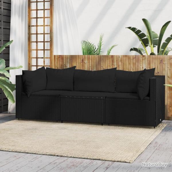 Salon de jardin 3 pcs avec coussins Noir R�sine tress�e