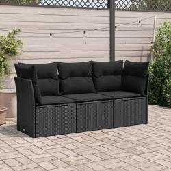 Salon de jardin 3 pcs avec coussins noir r&eacute;sine tress&eacute;e