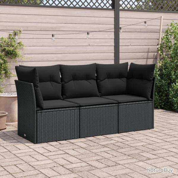 Salon de jardin 3 pcs avec coussins noir r�sine tress�e