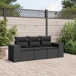 Salon de jardin 3 pcs avec coussins noir r&eacute;sine tress&eacute;e