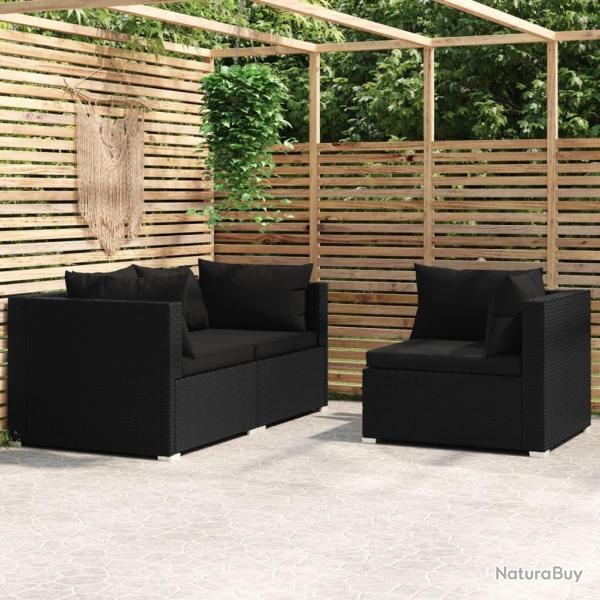 Salon de jardin 3 pcs avec coussins Noir R�sine tress�e