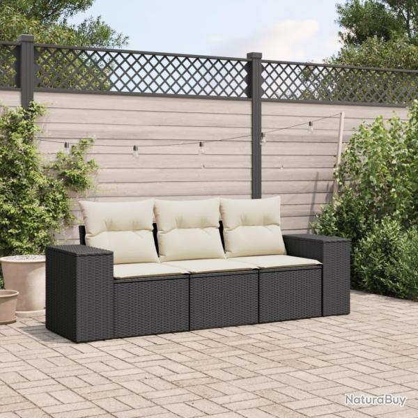 Salon de jardin 3 pcs avec coussins noir r�sine tress�e