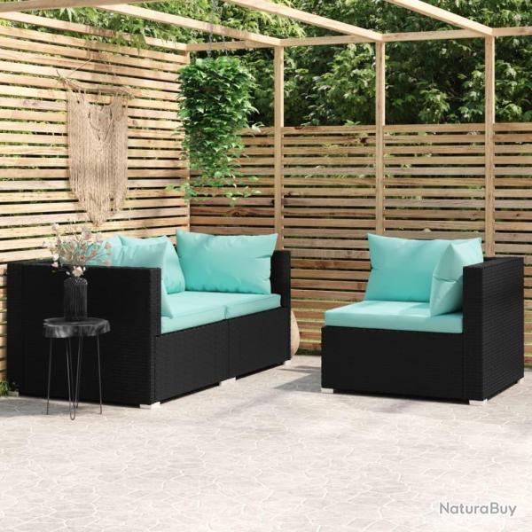 Salon de jardin 3 pcs avec coussins Noir R�sine tress�e