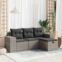 Salon de jardin 4 pcs avec coussins gris r&eacute;sine tress&eacute;e alsavelo