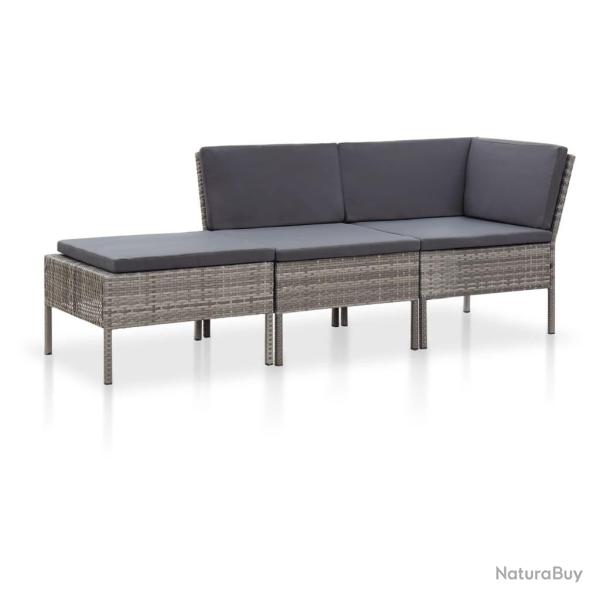 Salon de jardin 3 pcs avec coussins R�sine tress�e Gris