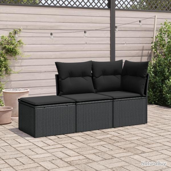 Salon de jardin 3 pcs avec coussins noir r�sine tress�e