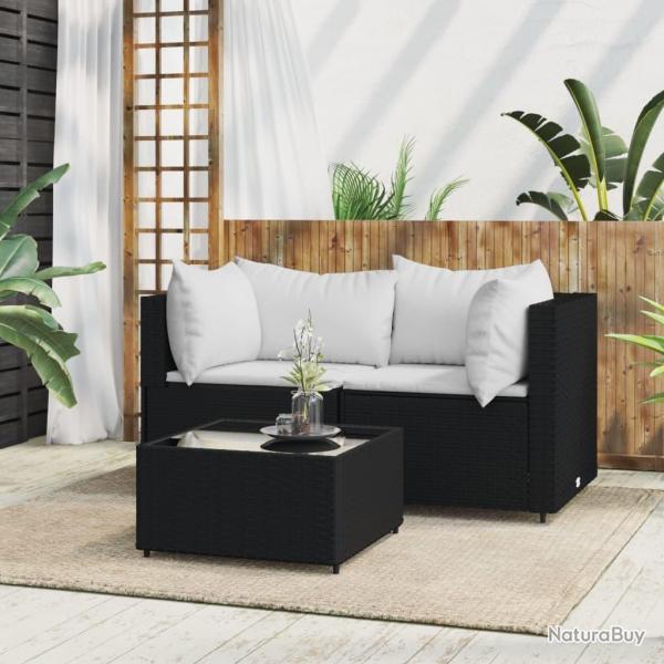 Salon de jardin 3 pcs avec coussins Noir R�sine tress�e