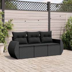 Salon de jardin 3 pcs avec coussins noir r&eacute;sine tress&eacute;e