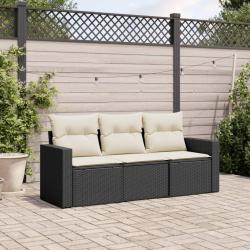 Salon de jardin 3 pcs avec coussins noir r&eacute;sine tress&eacute;e