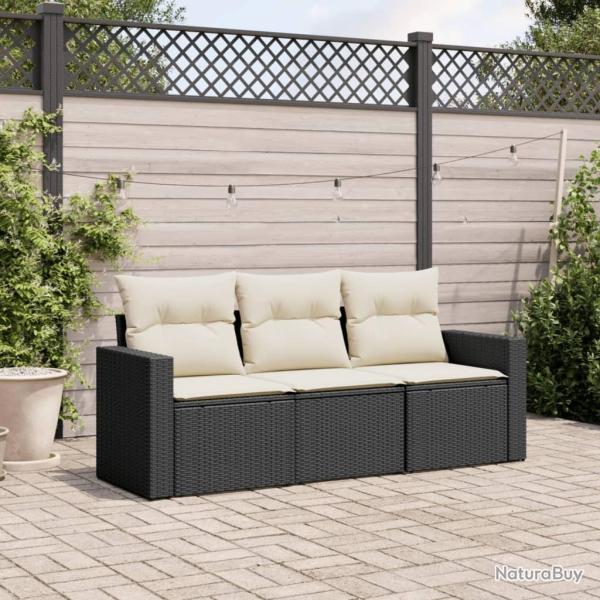 Salon de jardin 3 pcs avec coussins noir r�sine tress�e