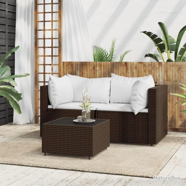 Salon de jardin 3 pcs avec coussins marron r�sine tress�e alsavelo