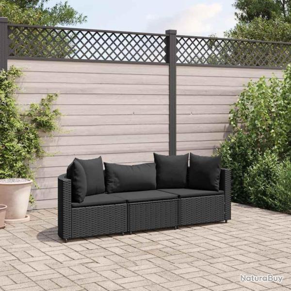 Salon de jardin 3 pcs avec coussins noir r�sine tress�e