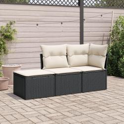 Salon de jardin 3 pcs avec coussins noir r&eacute;sine tress&eacute;e