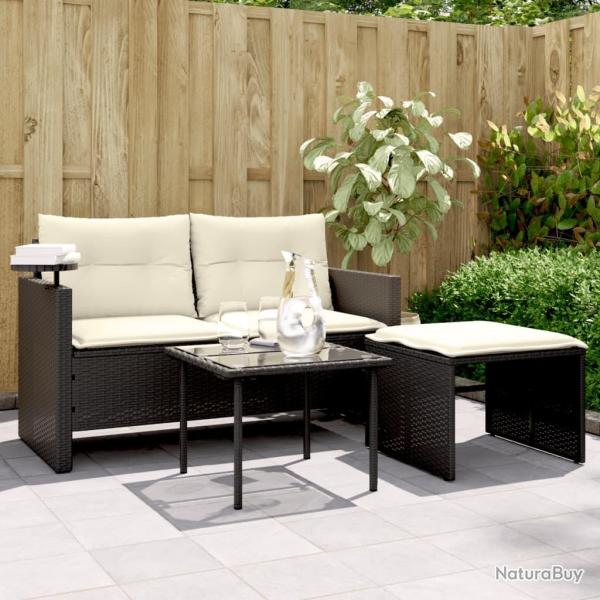 Salon de jardin 3 pcs avec coussins noir r�sine tress�e