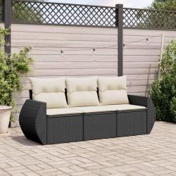 Salon de jardin 3 pcs avec coussins noir r&eacute;sine tress&eacute;e
