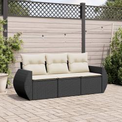 Salon de jardin 3 pcs avec coussins noir r&eacute;sine tress&eacute;e