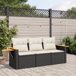 Salon de jardin 3 pcs avec coussins noir r&eacute;sine tress&eacute;e