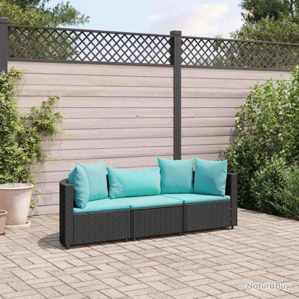 Salon de jardin 3 pcs avec coussins noir r�sine tress�e