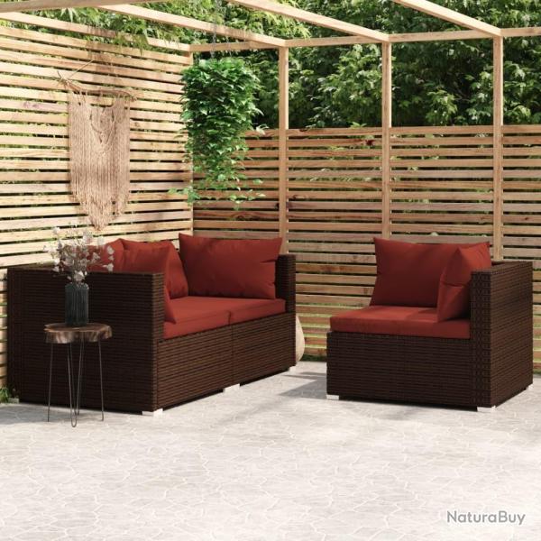 Salon de jardin 3 pcs avec coussins Marron R�sine tress�e