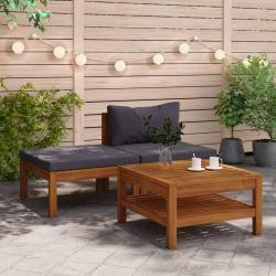 Salon de jardin 3 pcs avec coussins gris fonc&eacute; Bois d'acacia