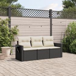 Salon de jardin 3 pcs avec coussins noir r&eacute;sine tress&eacute;e