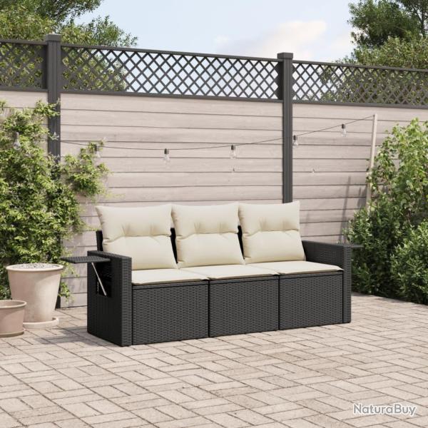 Salon de jardin 3 pcs avec coussins noir r�sine tress�e