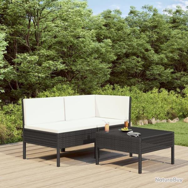 Salon de jardin 3 pcs avec coussins R�sine tress�e Noir