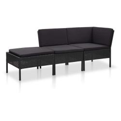 Salon de jardin 3 pcs avec coussins R&eacute;sine tress&eacute;e Noir