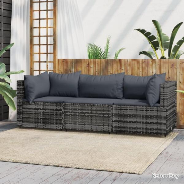 Salon de jardin 3 pcs avec coussins Gris R�sine tress�e