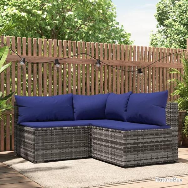 Salon de jardin 3 pcs avec coussins Gris R�sine tress�e