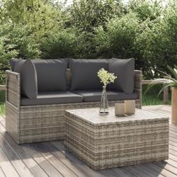 Salon de jardin 3 pcs avec coussins Gris R&eacute;sine tress&eacute;e