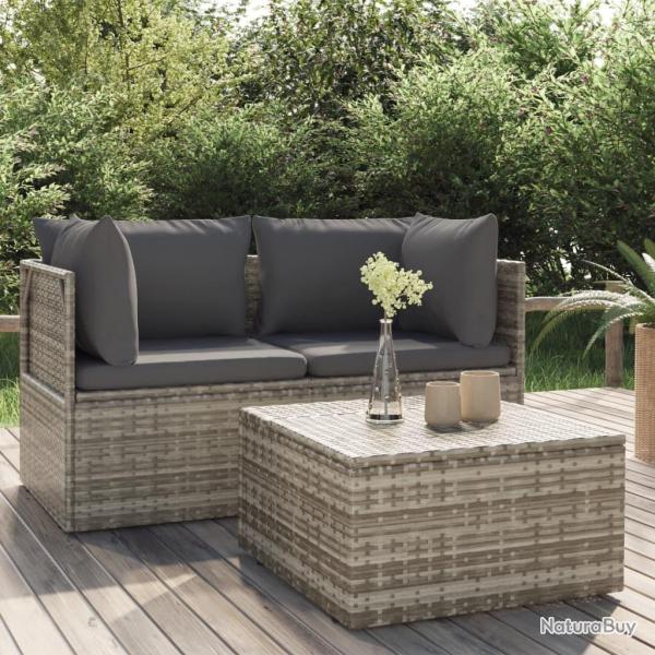 Salon de jardin 3 pcs avec coussins Gris R�sine tress�e