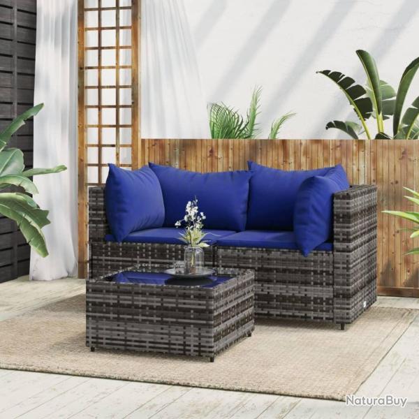 Salon de jardin 3 pcs avec coussins Gris R�sine tress�e alsavelo