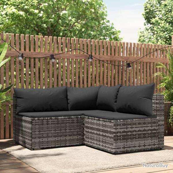 Salon de jardin 3 pcs avec coussins Gris R�sine tress�e