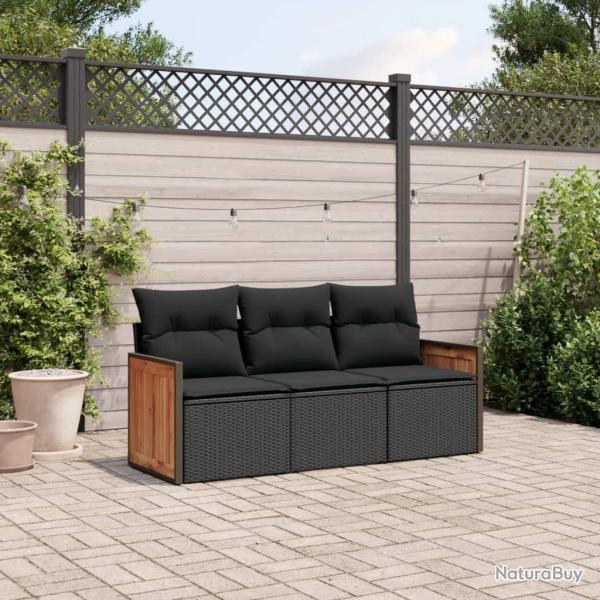 Salon de jardin 3 pcs avec coussins noir r�sine tress�e