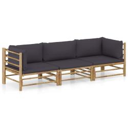 Salon de jardin 3 pcs avec coussins gris fonc&eacute; bambou