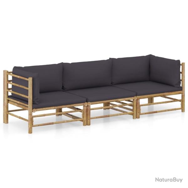 Salon de jardin 3 pcs avec coussins gris fonc� bambou