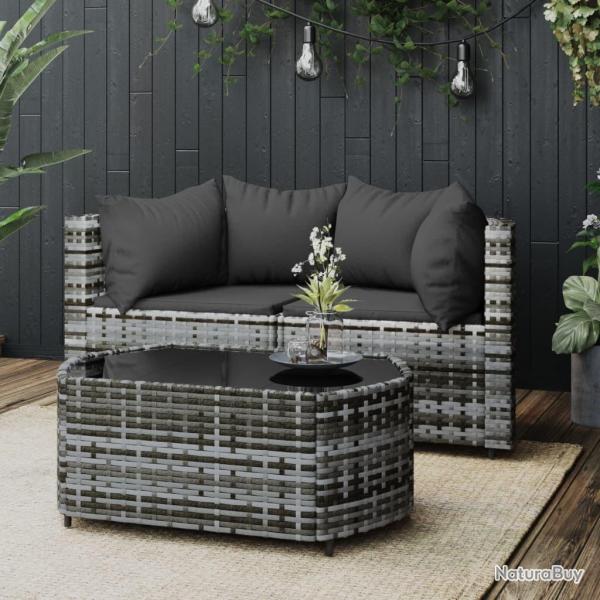 Salon de jardin 3 pcs avec coussins Gris R�sine tress�e