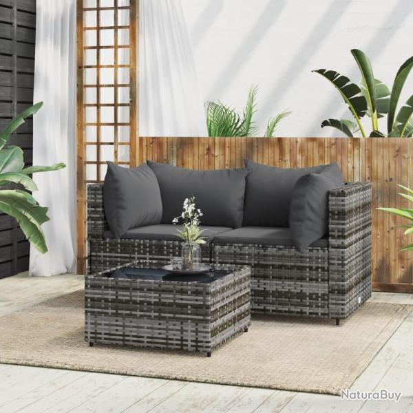 Salon de jardin 3 pcs avec coussins Gris R�sine tress�e