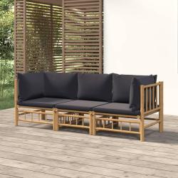 Salon de jardin 3 pcs avec coussins gris fonc&eacute; bambou