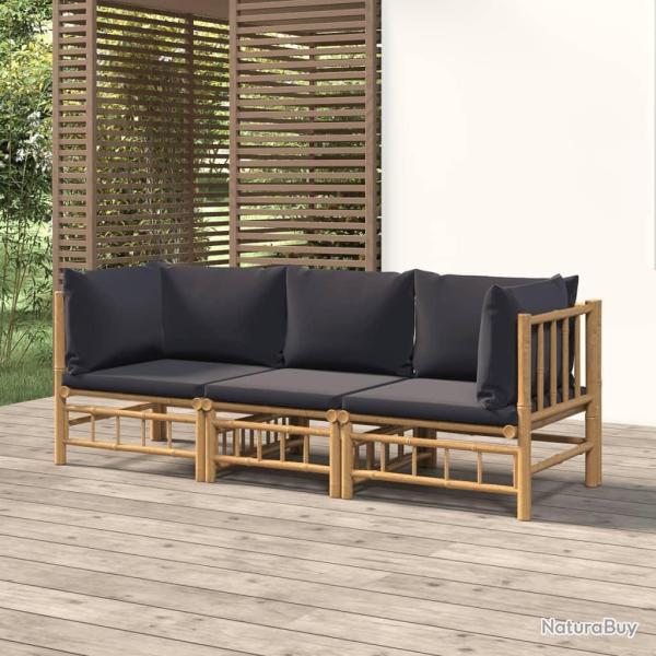 Salon de jardin 3 pcs avec coussins gris fonc� bambou