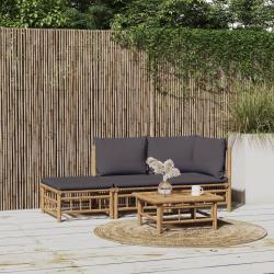 Salon de jardin 3 pcs avec coussins gris fonc&eacute; bambou