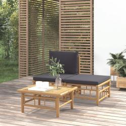 Salon de jardin 3 pcs avec coussins gris fonc&eacute; bambou