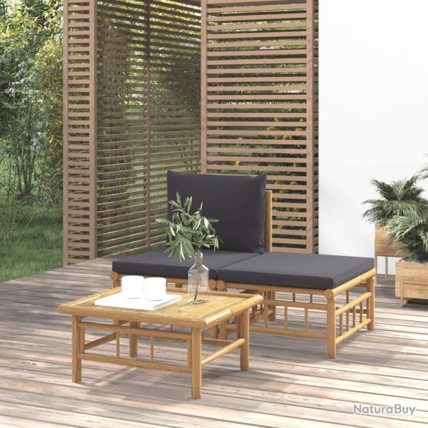 Salon de jardin 3 pcs avec coussins gris fonc� bambou