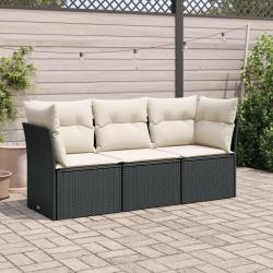 Salon de jardin 3 pcs avec coussins noir r&eacute;sine tress&eacute;e
