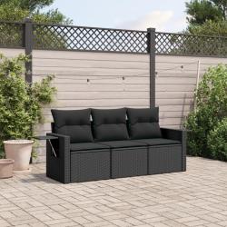 Salon de jardin 3 pcs avec coussins noir r&eacute;sine tress&eacute;e