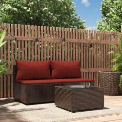 Salon de jardin 3 pcs avec coussins marron r&eacute;sine tress&eacute;e