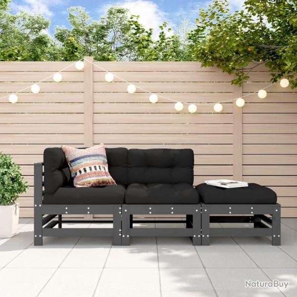 Salon de jardin 3 pcs avec coussins gris bois massif alsavelo