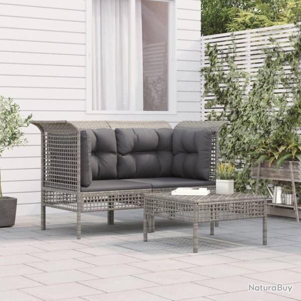 Salon de jardin 3 pcs avec coussins Gris R�sine tress�e alsavelo